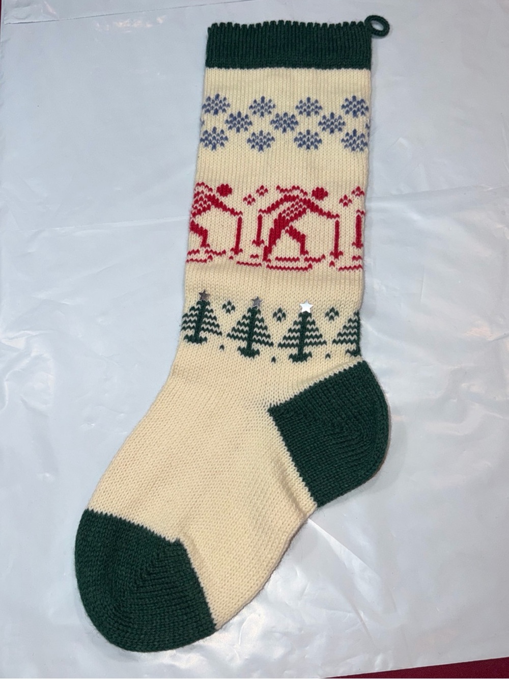 Vintage Skier Skiing Cross Country Ski KNIT Stocking Snowflake Tree cotton 21.5”
